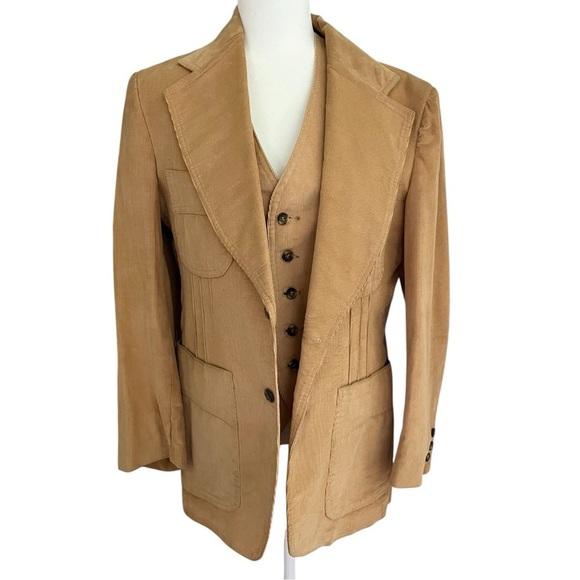 Vintage Levis Panatella Tan Corduroy 3 Piece Retro Suit 44” Chest 32” Waist - Picture 1 of 16